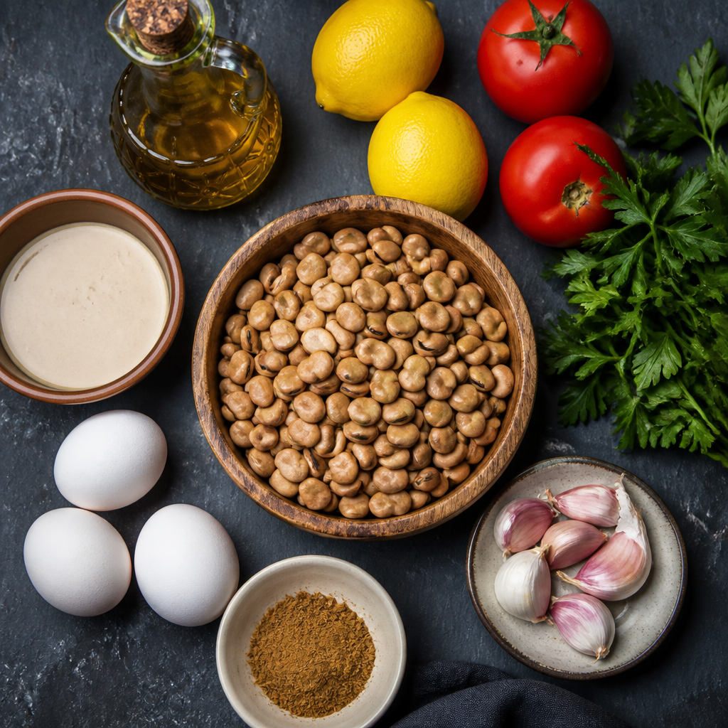 Overhead flat lay of ful medames ingredients including dried fava beans, lemons, tomatoes, garlic, parsley, ground cumin, olive oil, tahini, and eggs on a dark slate surface