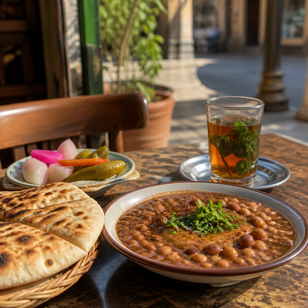 A sunlit cafe table set with a bowl of ful medames, warm pita bread, pickled vegetables, and a glass of mint tea