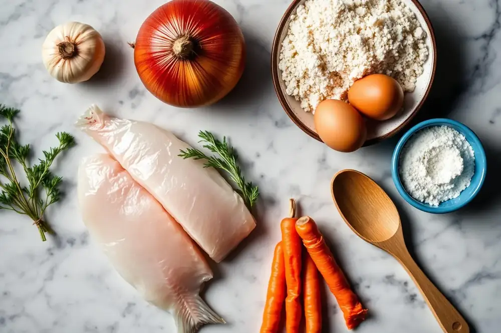 Fresh whitefish and pike fillets with onion, eggs, matzo meal, carrots and a wooden spoon laid out on a marble counter for homemade gefilte fish