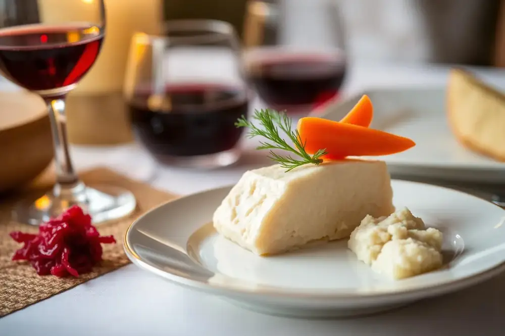 An elegant single serving of gefilte fish on white china topped with a carrot slice and dill, with beet horseradish on the side and wine glasses behind