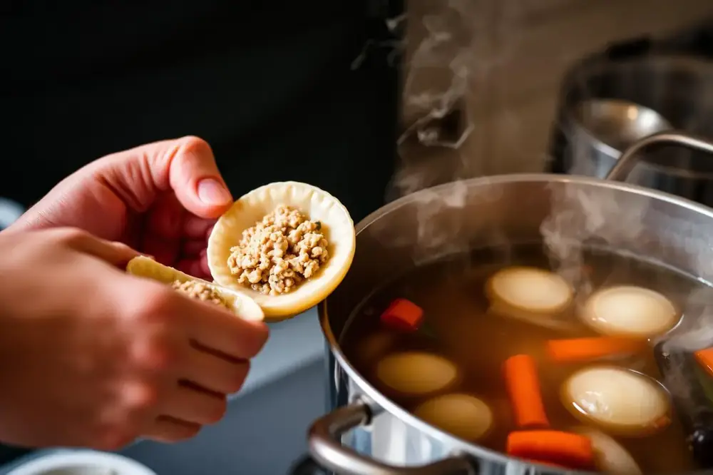 Hands shaping ground fish mixture into oval quenelles beside a steaming pot of fish broth with floating carrots for poaching gefilte fish