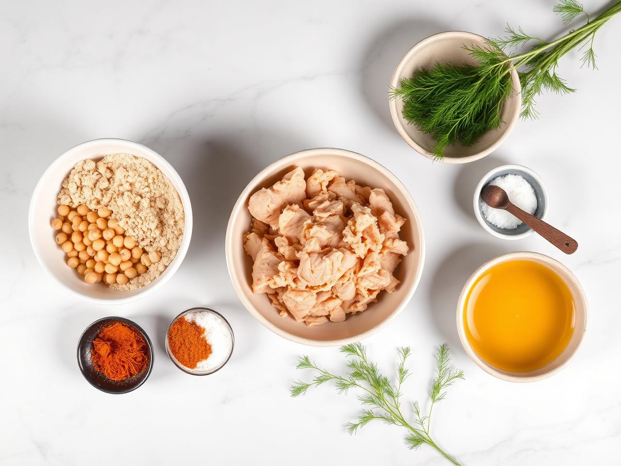 Overhead flat lay of gondi ingredients on marble: chickpea flour, ground chicken, chickpeas, turmeric, cardamom, saffron, oil, salt, and fresh dill