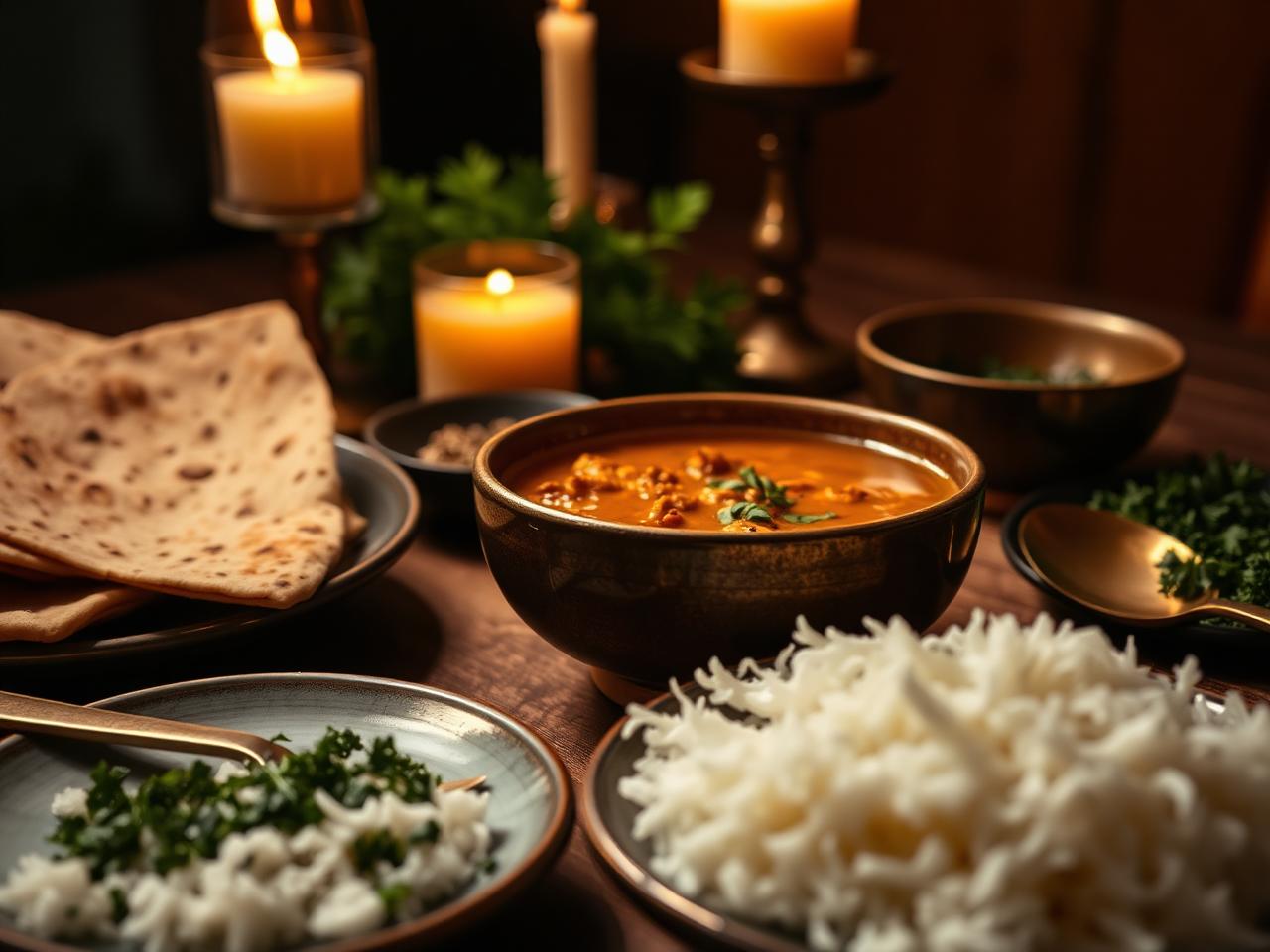 Persian Jewish Shabbat table with a bowl of gondi soup served alongside basmati rice, flatbread, and fresh herbs lit by warm candlelight