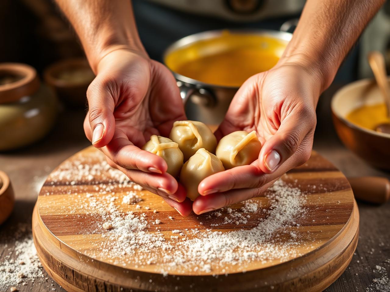 Hands rolling gondi dumpling dough into smooth balls over a wooden board dusted with chickpea flour, a pot of golden broth simmering behind