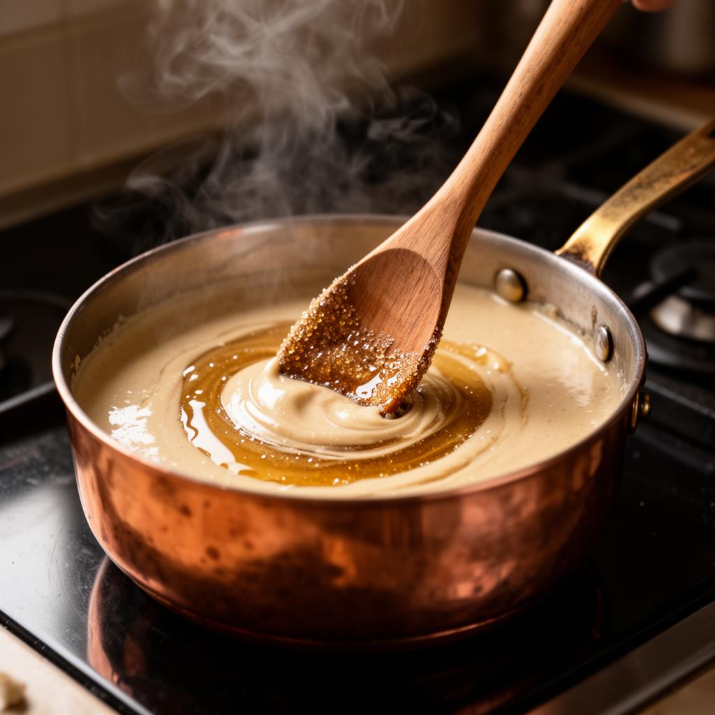 Glossy hot sugar syrup being stirred into pale tahini in a copper saucepan with a wooden spoon as steam rises