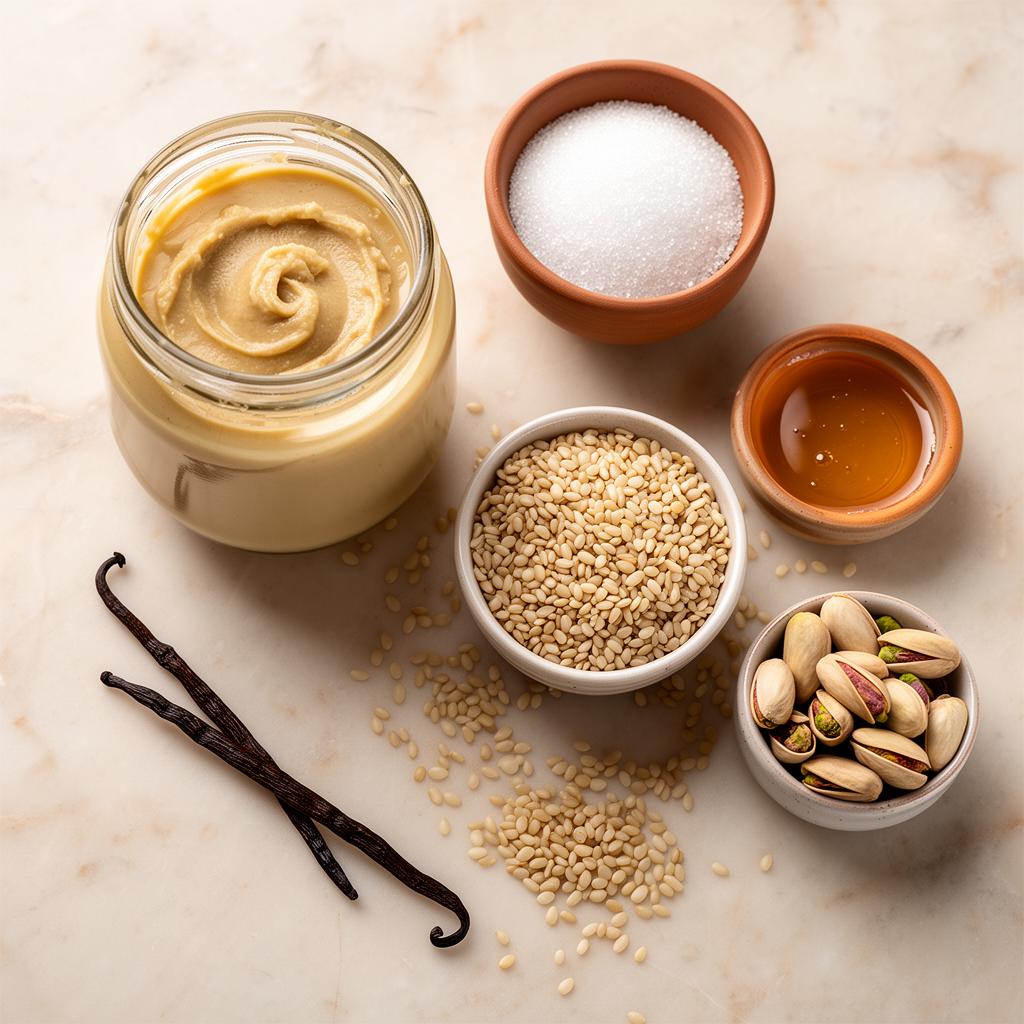 Overhead flat lay of halva ingredients including a jar of tahini, sugar, honey, raw sesame seeds, vanilla pods and pistachios on a marble surface