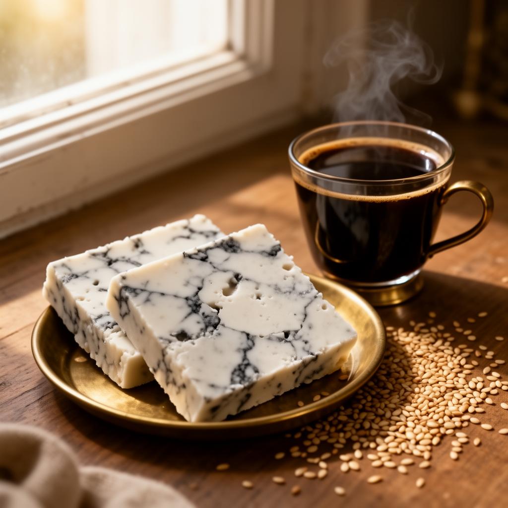 Two slices of marble tahini halva on a brass tray beside a steaming cup of black coffee with scattered sesame seeds in warm window light