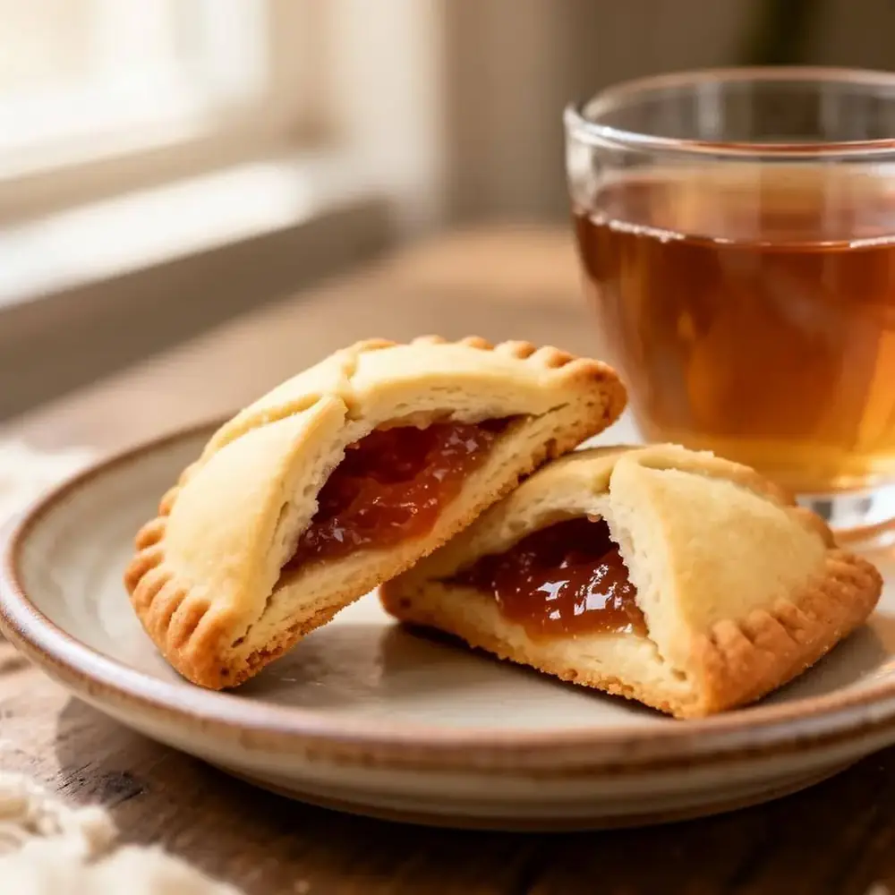 A golden baked hamantaschen cookie broken open showing apricot jam filling, served with a cup of tea