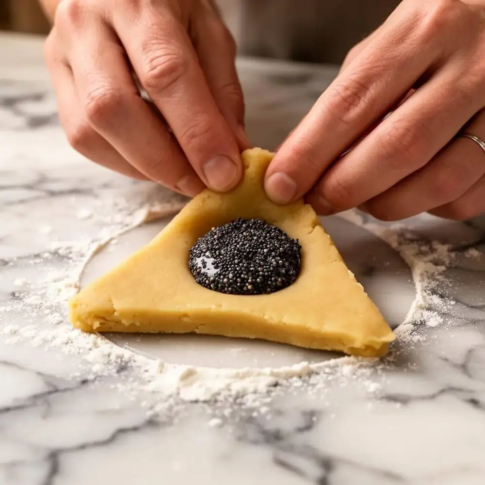 Hands pinching a circle of cookie dough into a three-cornered triangle around a dollop of poppy seed filling on a floured marble surface
