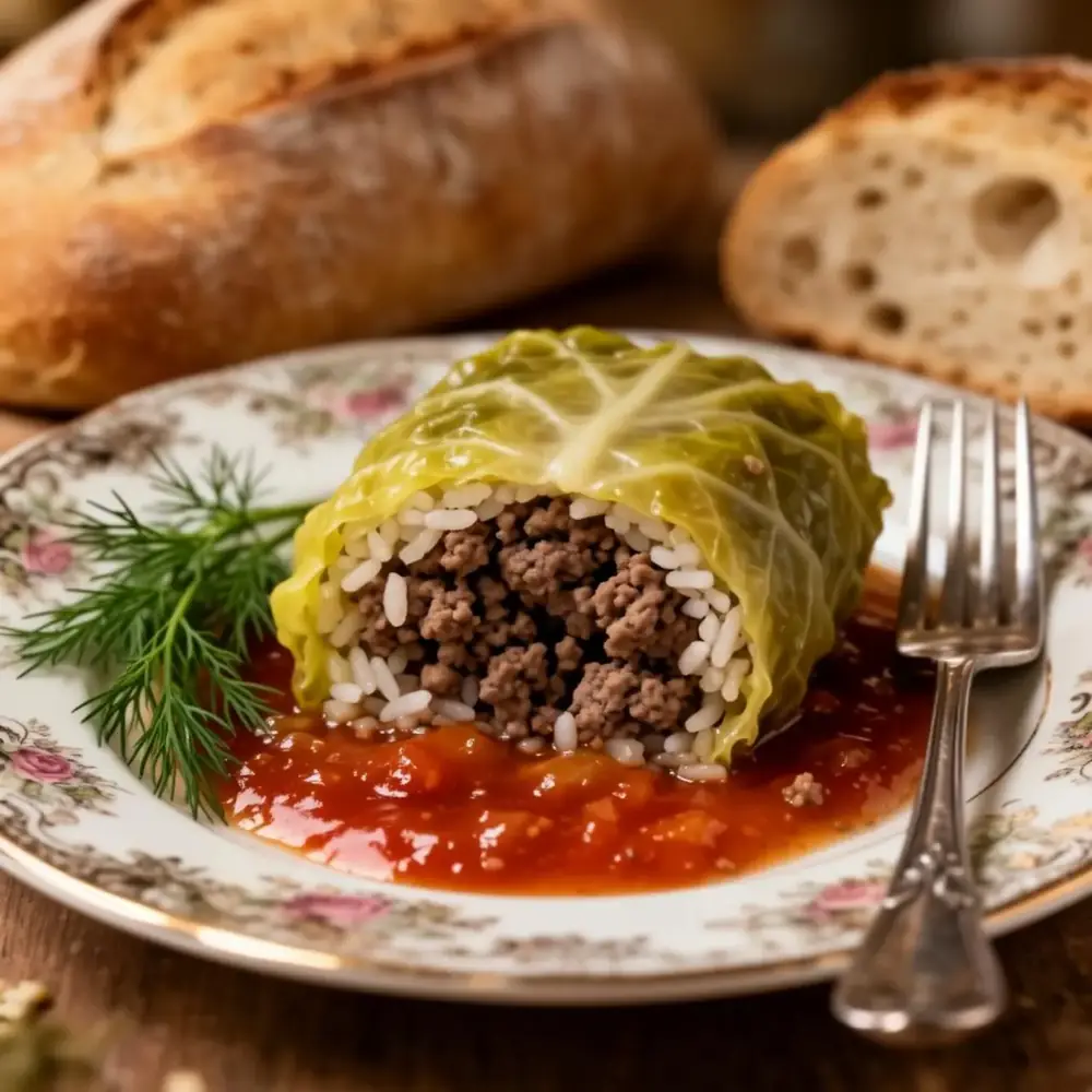 A single stuffed cabbage roll cut open on a floral vintage plate revealing beef and rice filling with sweet-and-sour sauce and crusty bread
