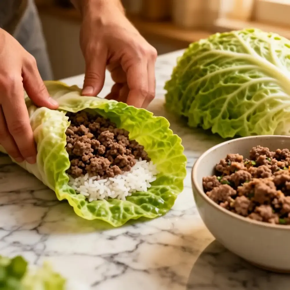 Hands rolling a blanched cabbage leaf around a filling of ground beef and rice on a marble countertop next to a head of cabbage