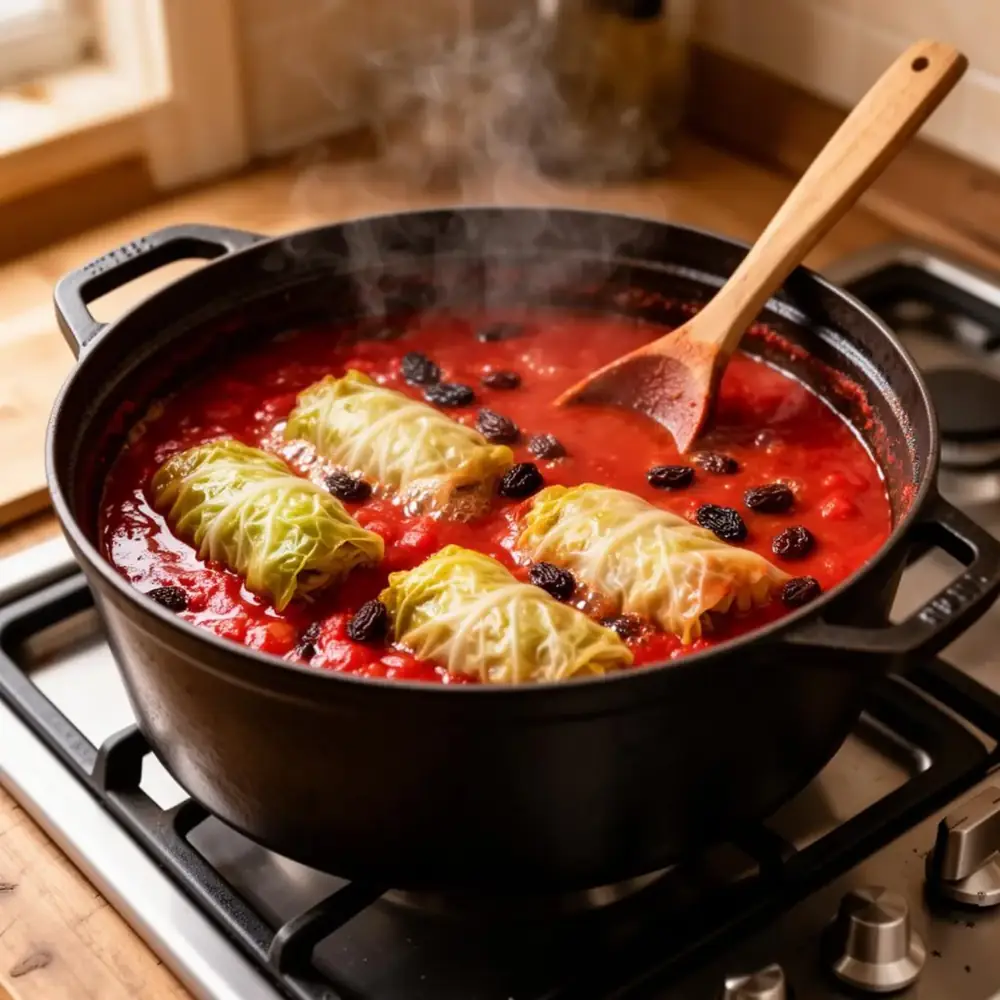 A cast-iron Dutch oven full of stuffed cabbage rolls simmering in red tomato sauce with raisins on a stovetop