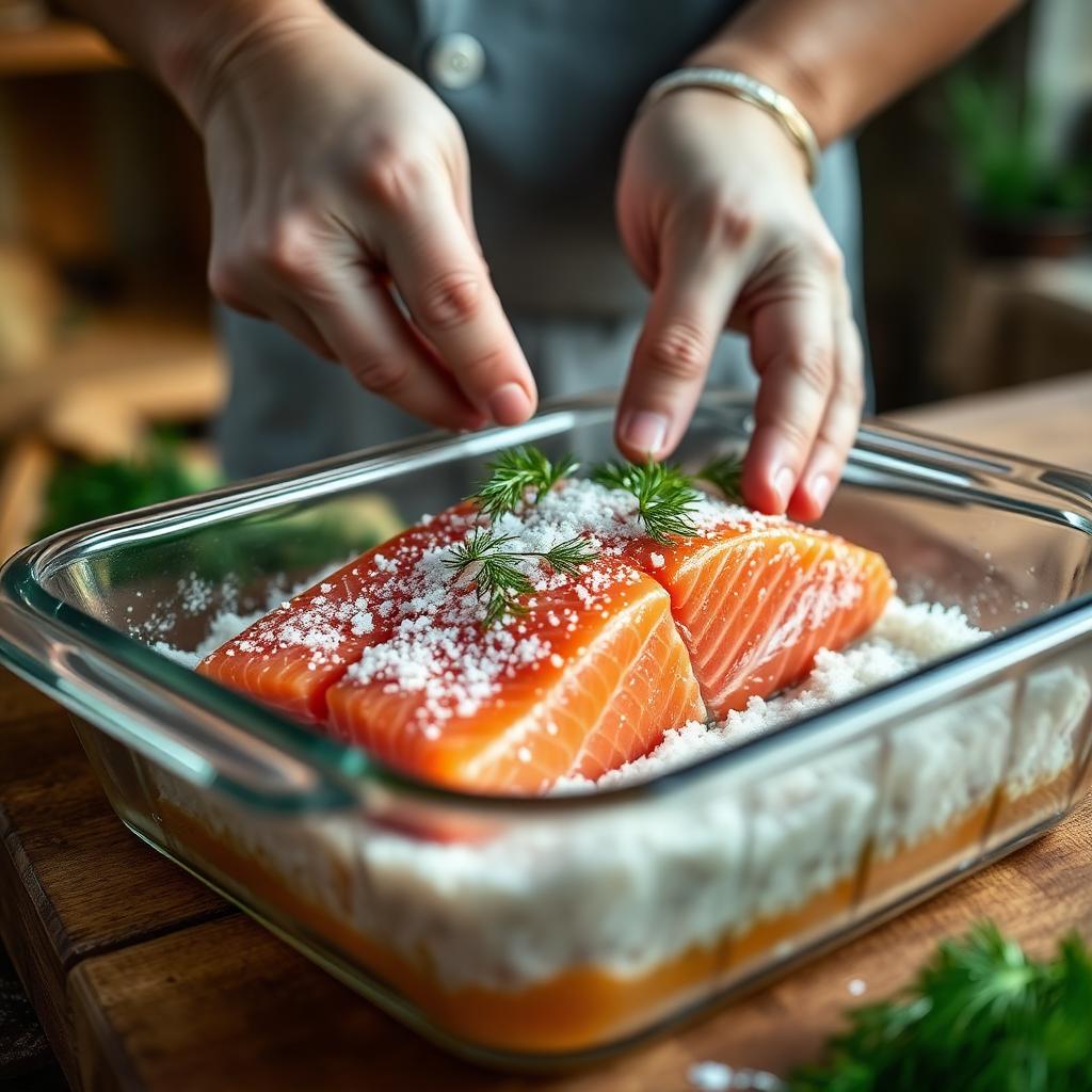 Hands packing a raw salmon fillet with coarse salt, sugar, and fresh dill in a glass baking dish