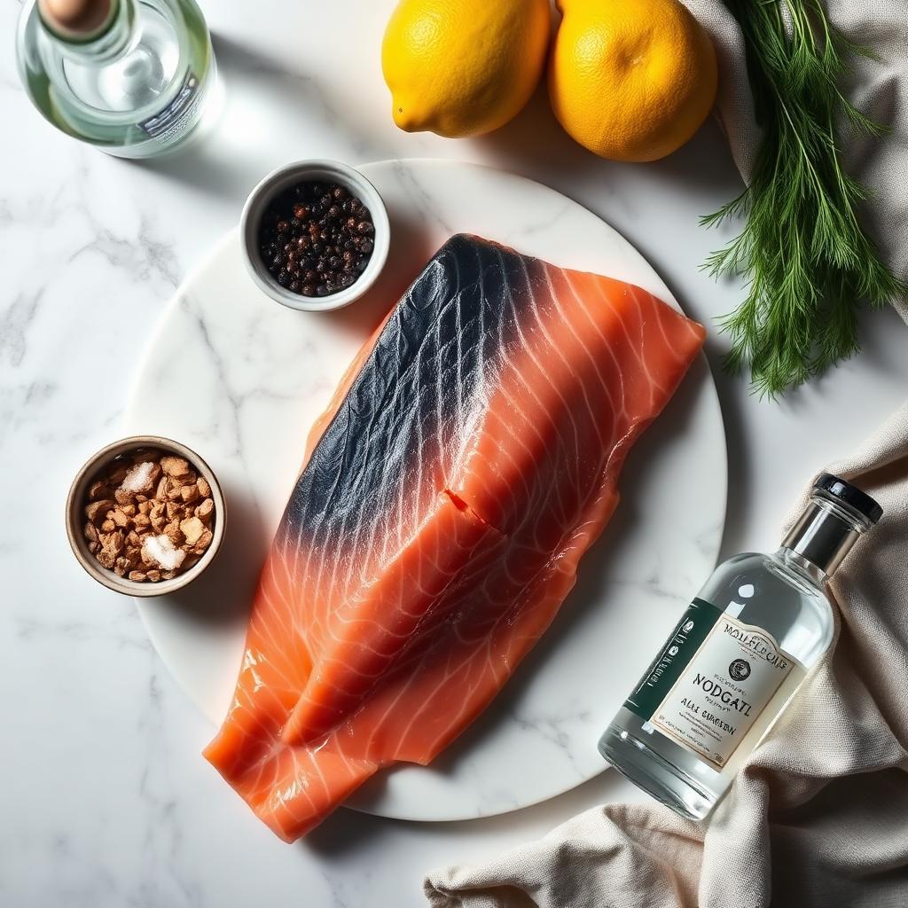 Flat lay of raw salmon fillet, kosher salt, brown sugar, peppercorns, fresh dill, lemons, and vodka on white marble