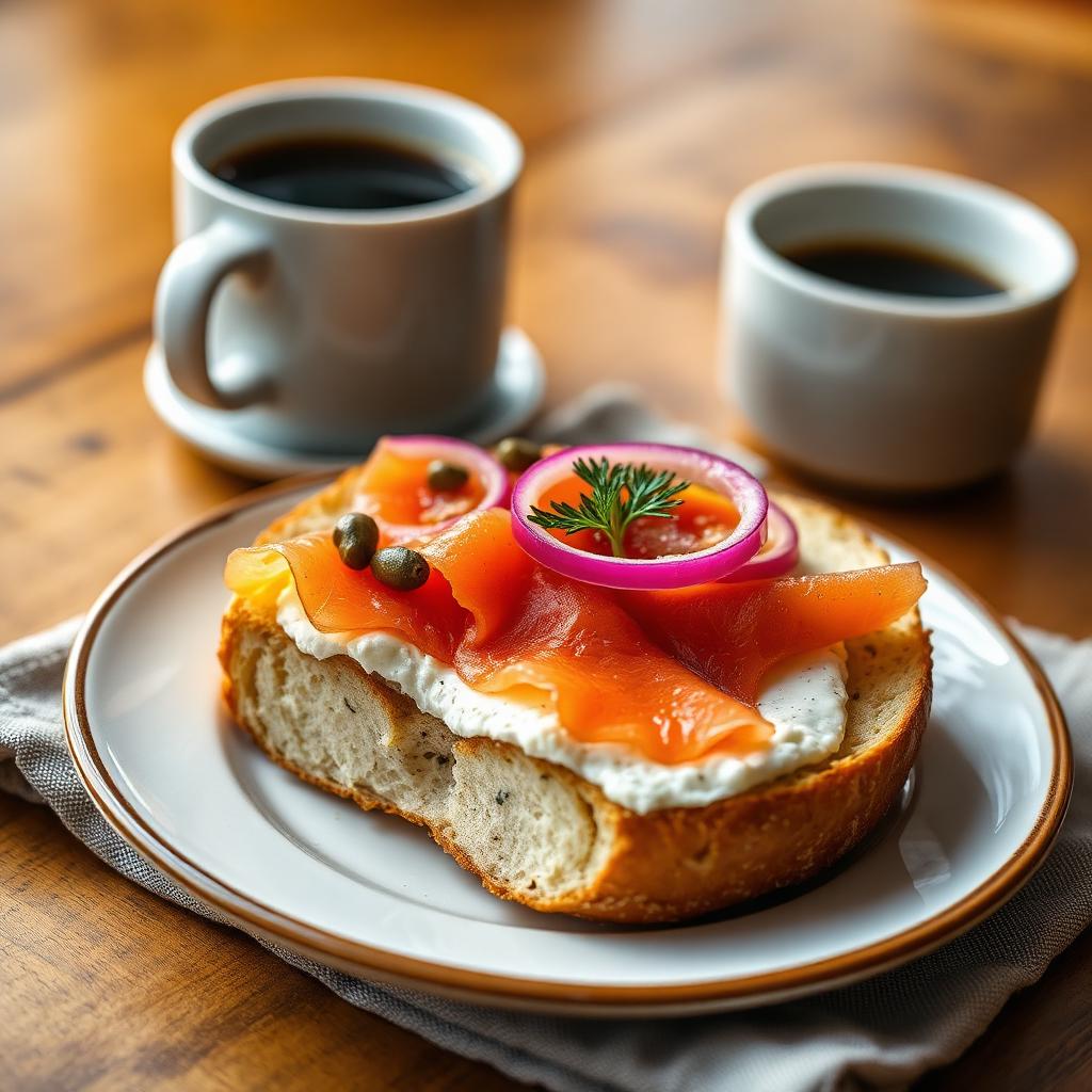 Open everything bagel with cream cheese, homemade lox, red onion, capers, and dill on a plate with coffee