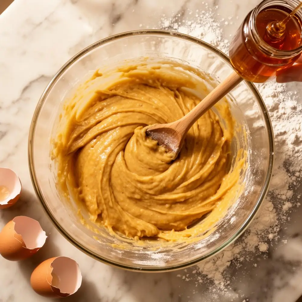 Overhead shot of honey cake batter being mixed with honey and warm spices in a glass bowl
