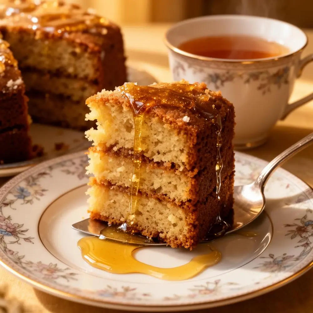 Close-up of a slice of Jewish honey cake showing moist tender crumb with a cup of tea