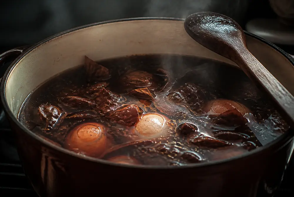 Eggs simmering in a dark bath of onion skins, tea and coffee inside an enameled pot on the stove