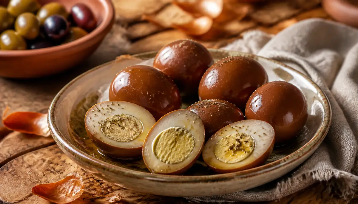 Huevos haminados, slow-cooked Sephardic brown eggs, whole and halved on a ceramic plate with olives and onion skins