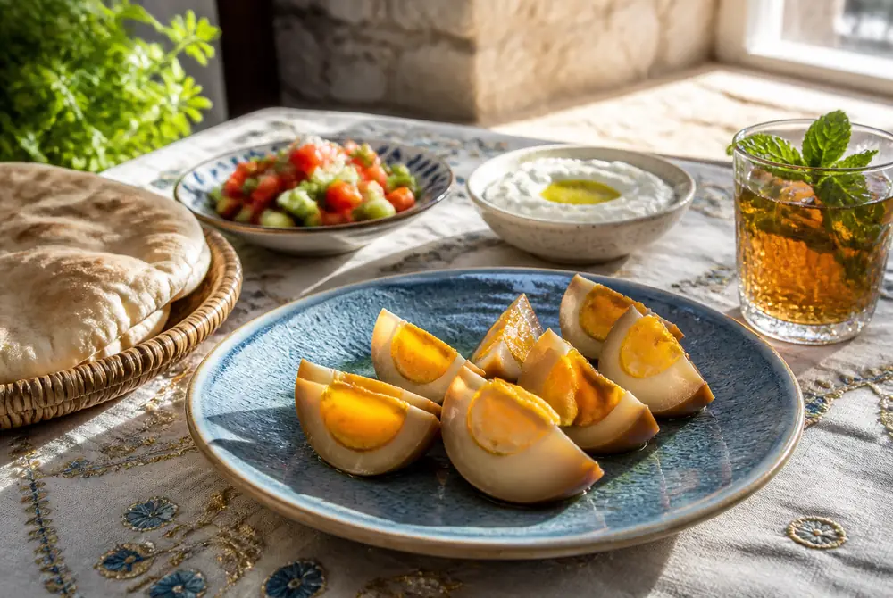 Quartered huevos haminados on a blue plate with pita, Israeli salad, labneh and mint tea in morning light