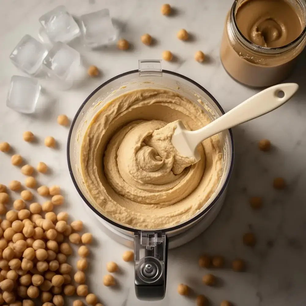Overhead view of creamy whipped hummus mid-blend in a food processor with a spatula, surrounded by cooked chickpeas, ice cubes and a jar of tahini on a marble counter