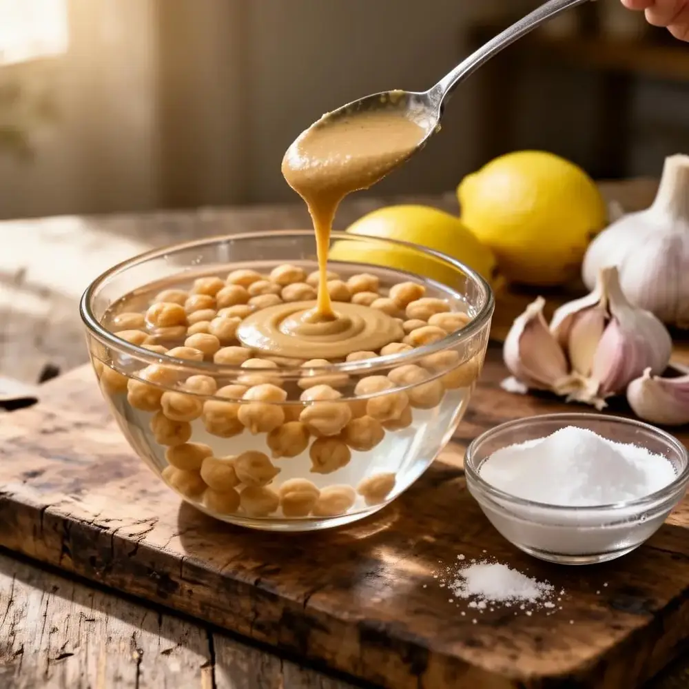Dried chickpeas soaking in a glass bowl beside a spoon of raw tahini, fresh lemons, garlic and a dish of baking soda on a wooden board