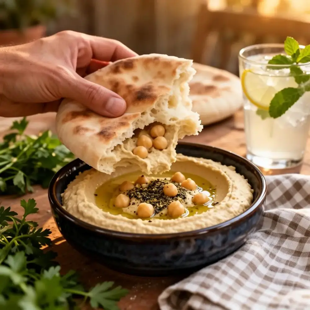 A hand scooping creamy hummus topped with chickpeas, olive oil and za'atar from a dark bowl using torn warm pita, with herbs and a glass of mint lemonade nearby