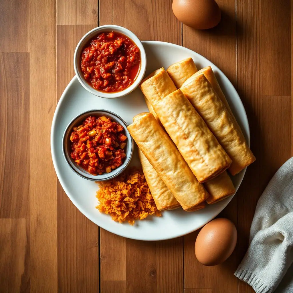 Plate of golden rolled Yemenite jachnun pastry served with fresh grated tomato, green zhug, and a brown hard-boiled egg on a wooden Shabbat table
