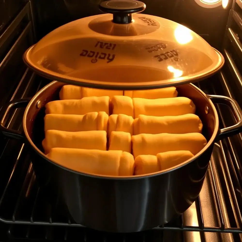 A covered pot filled with rows of rolled jachnun dough logs going into the oven for slow overnight baking, turning deep amber