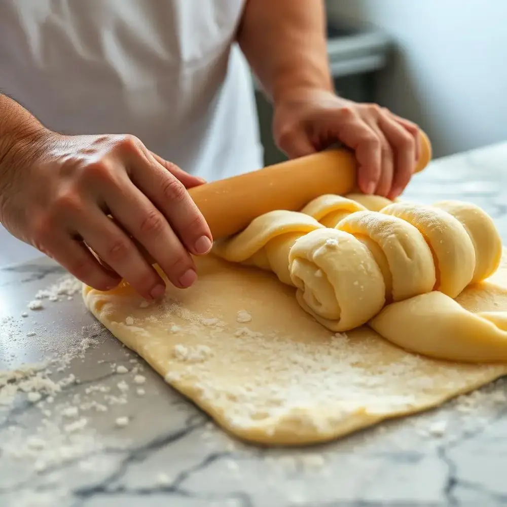 Hands rolling thin dough spread with clarified butter into a tight log on a flour-dusted marble counter to make Yemenite jachnun