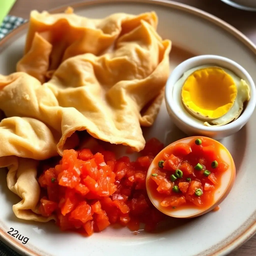 A served plate of warm Yemenite jachnun torn open beside grated tomato, green zhug, and a sliced overnight-cooked brown egg