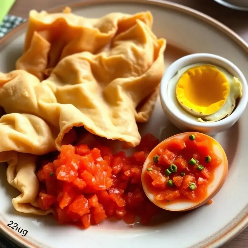 A served plate of warm Yemenite jachnun torn open beside grated tomato, green zhug, and a sliced overnight-cooked brown egg