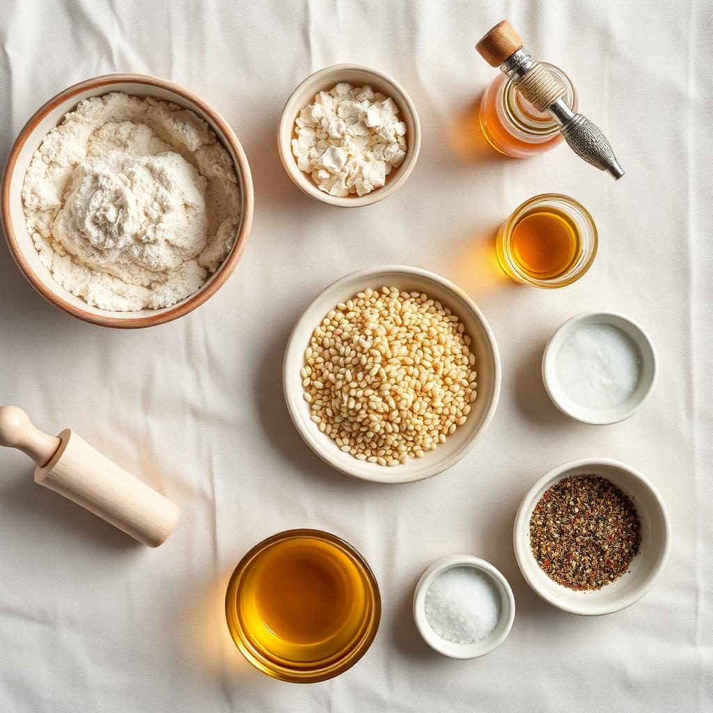 Overhead flat lay of Jerusalem bagel ingredients — flour, yeast, white sesame seeds, honey, olive oil, salt and za'atar in small bowls on pale linen