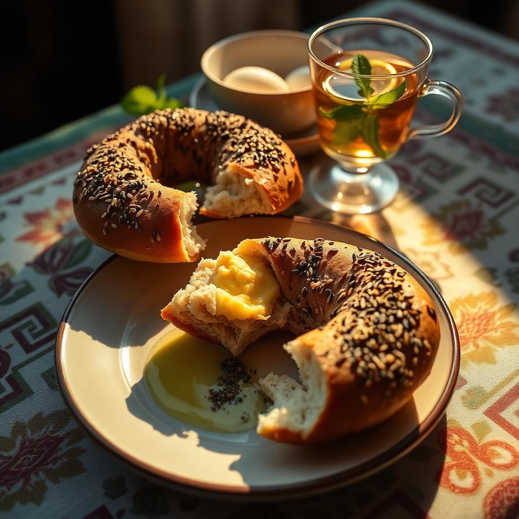 Torn Jerusalem bagel on a ceramic plate with olive oil and za'atar for dipping, a boiled egg and a glass of mint tea on a patterned tablecloth in warm light