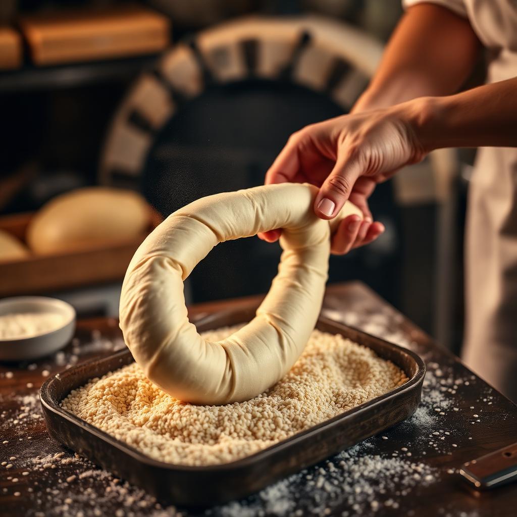 Baker's hands stretching a long ring of pale dough and pressing it into a tray of white sesame seeds beside a stone oven, flour dusting the work surface