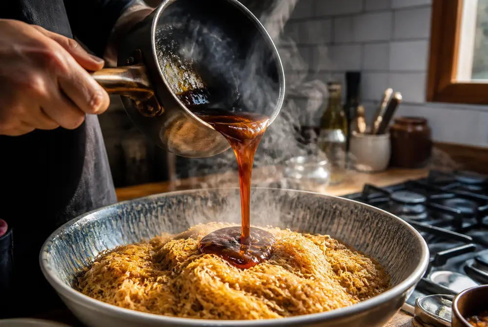 Hands pouring dark molten caramel from a small saucepan over a bowl of cooked thin noodles with steam rising in a home kitchen