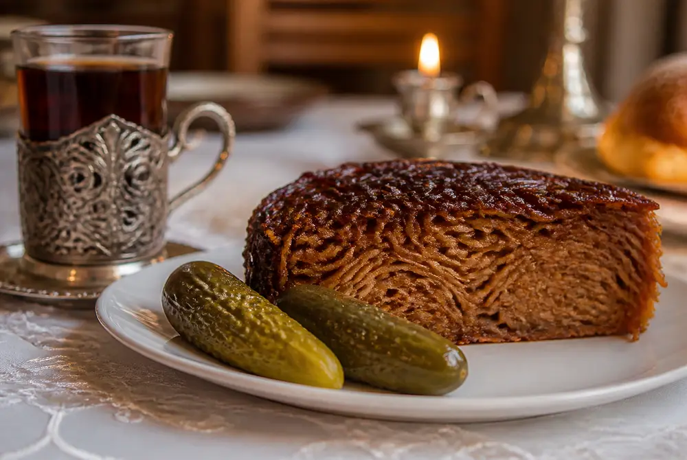 Slice of dark caramelized Jerusalem kugel on a white plate with two sour pickles and a glass of tea in a silver holder on an embroidered Shabbat tablecloth