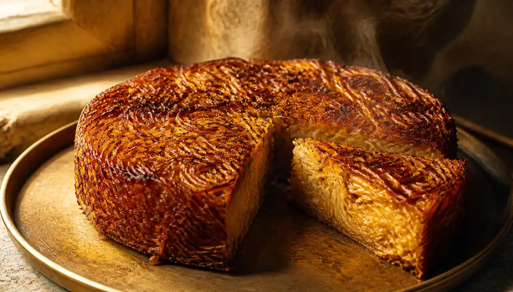Whole round Jerusalem kugel with dark caramelized crust on a brass tray, one wedge cut to show glossy amber noodle strands, warm window light