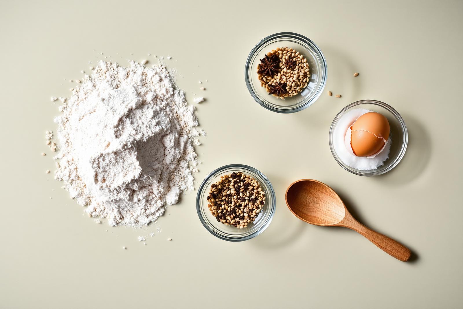 Overhead flat lay of flour, sesame seeds, anise, mahleb, sugar and a cracked egg for making Syrian Jewish ka'ak bi simsim