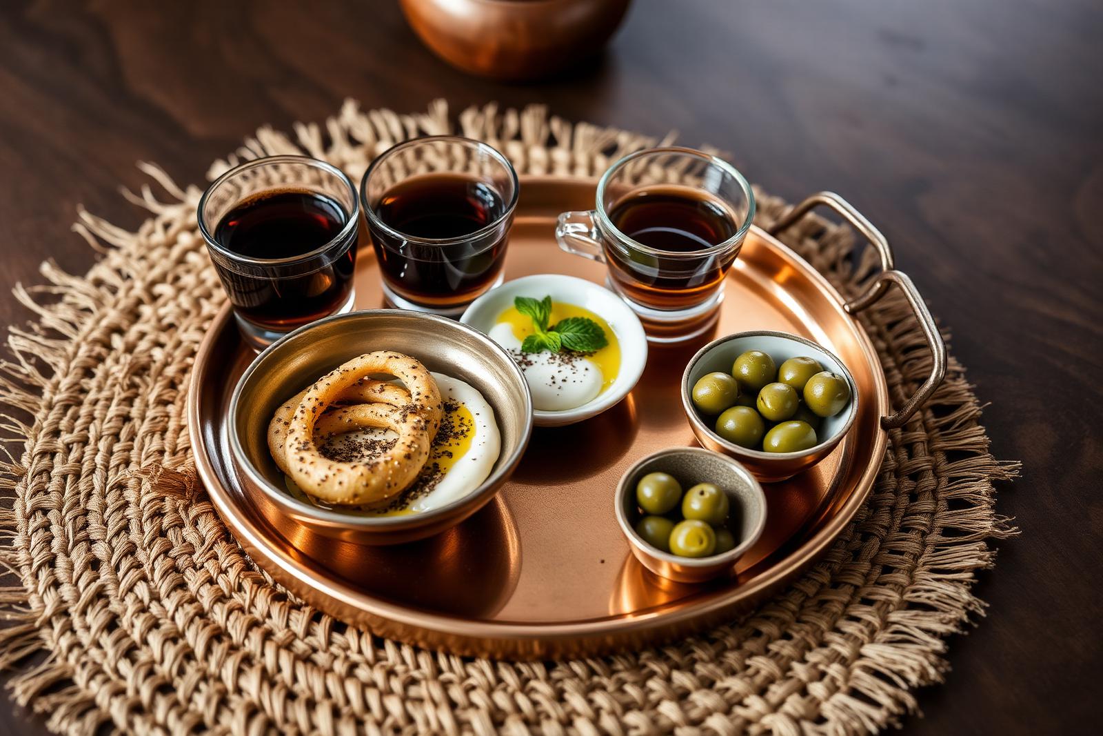 Copper tray holding a bowl of ka'ak bi simsim, a saucer of labneh drizzled with olive oil, glasses of hot tea and a dish of green olives