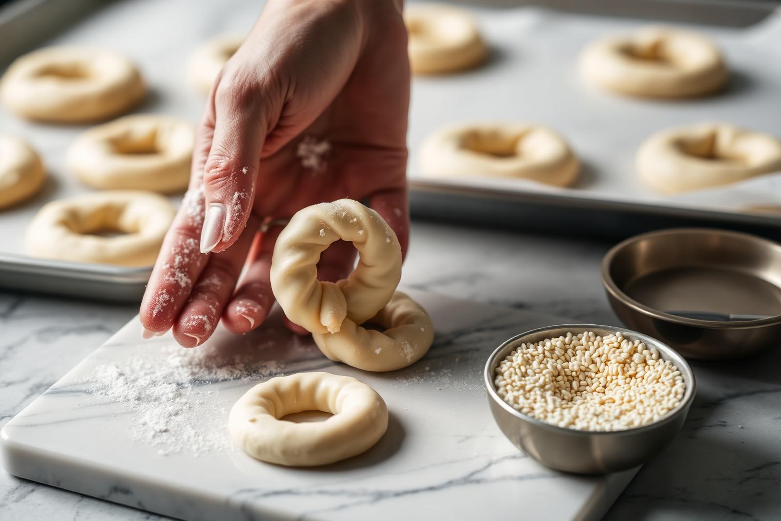 Hands shaping a small dough ring on a marble board beside a bowl of white sesame seeds ready for coating