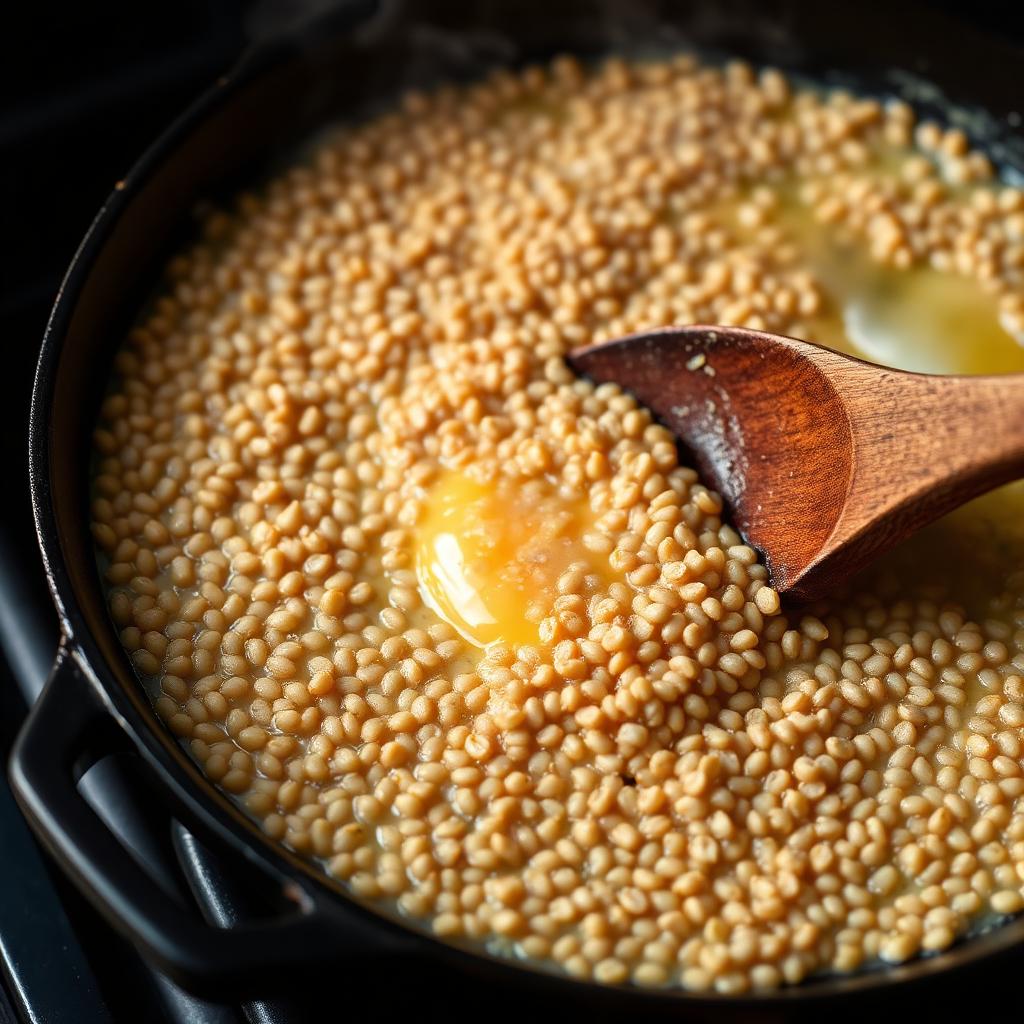 Buckwheat groats toasting with beaten egg in a cast iron skillet, stirred with a wooden spoon