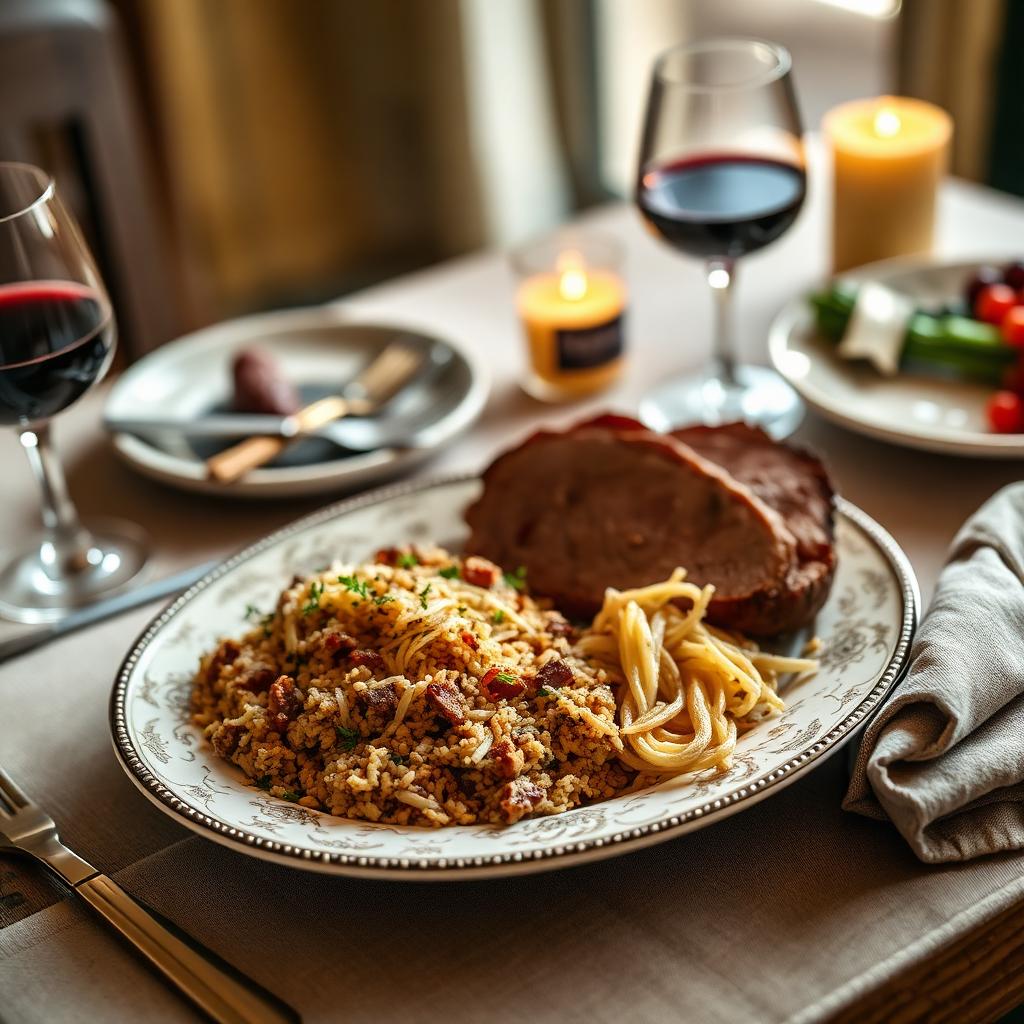 Plate of kasha varnishkes served beside sliced brisket with red wine and candles on a festive table