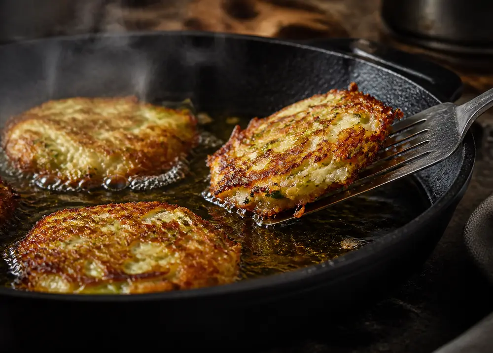 Leek fritters frying in shallow olive oil in a black cast iron skillet with a spatula lifting one browned patty