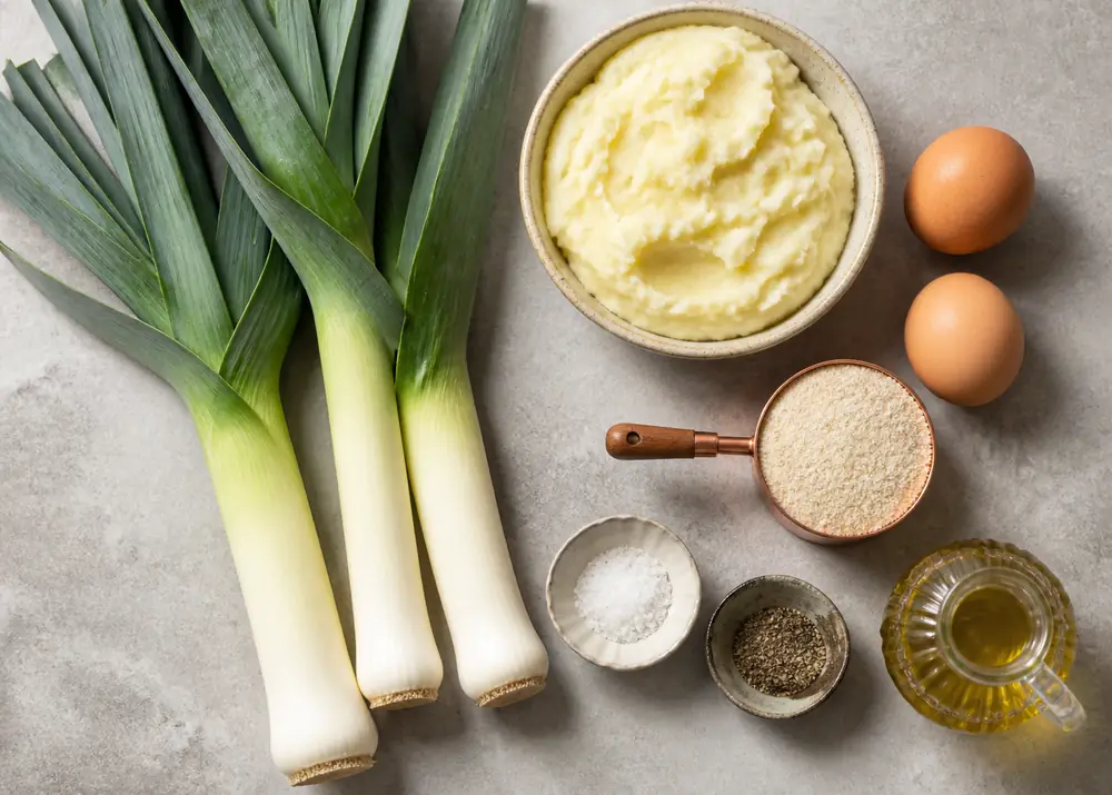 Overhead flat lay of keftes de prasa ingredients: three fresh leeks, bowl of mashed potato, brown eggs, matzo meal, salt, pepper and olive oil on gray stone