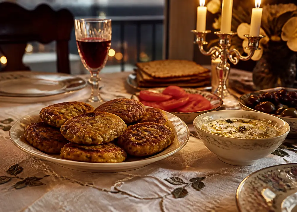 Sephardic holiday table with a plate of leek fritters, sliced tomatoes, olives, matzo, herb dip and a glass of red wine by candlelight