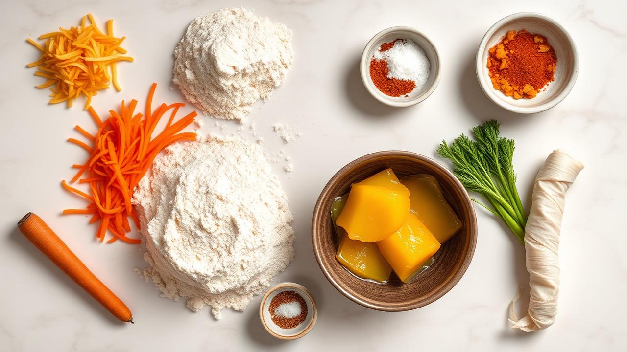 Overhead flat lay of kishke ingredients on marble: flour, grated carrot, onion and celery, golden schmaltz, paprika, salt and pepper, and a length of casing