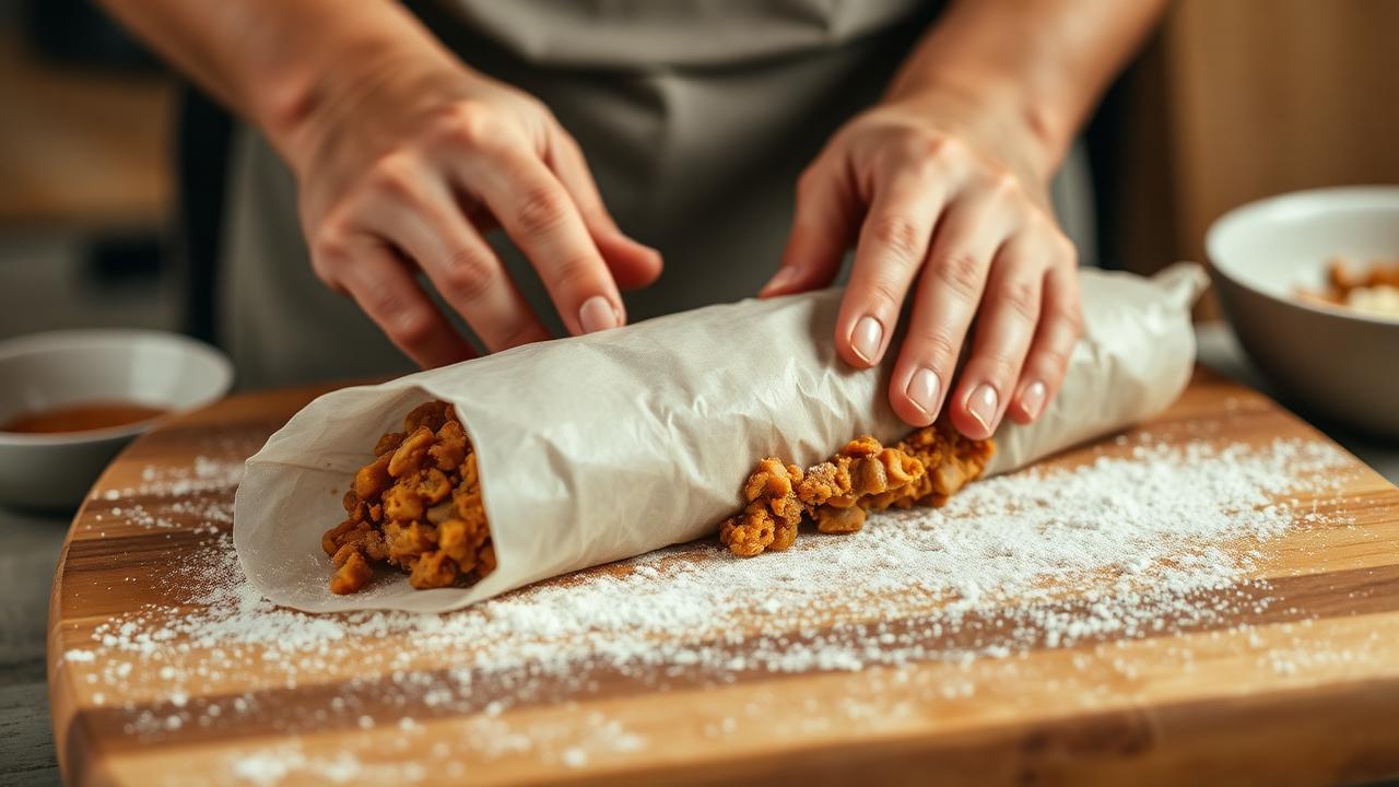 Hands rolling a log of savory kishke filling in parchment paper on a floured wooden board in a warm rustic kitchen