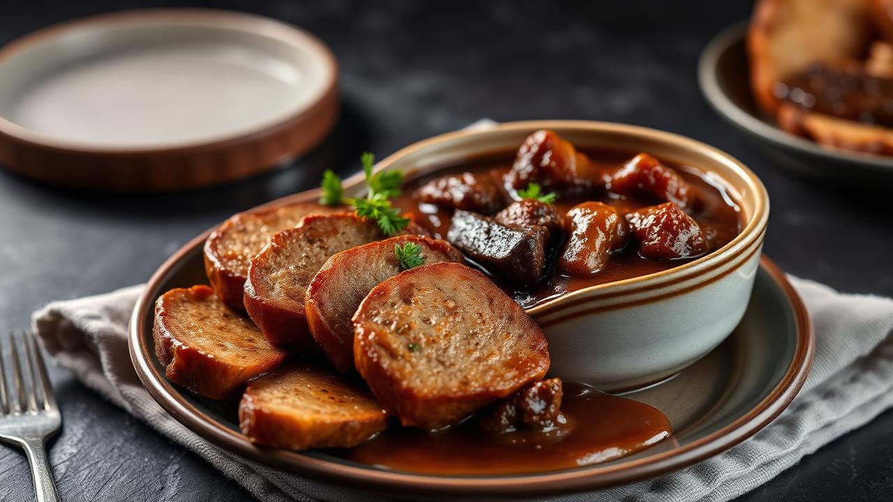 Sliced Jewish kishke served alongside beef cholent in a ceramic bowl with brown gravy and parsley on a dark slate table