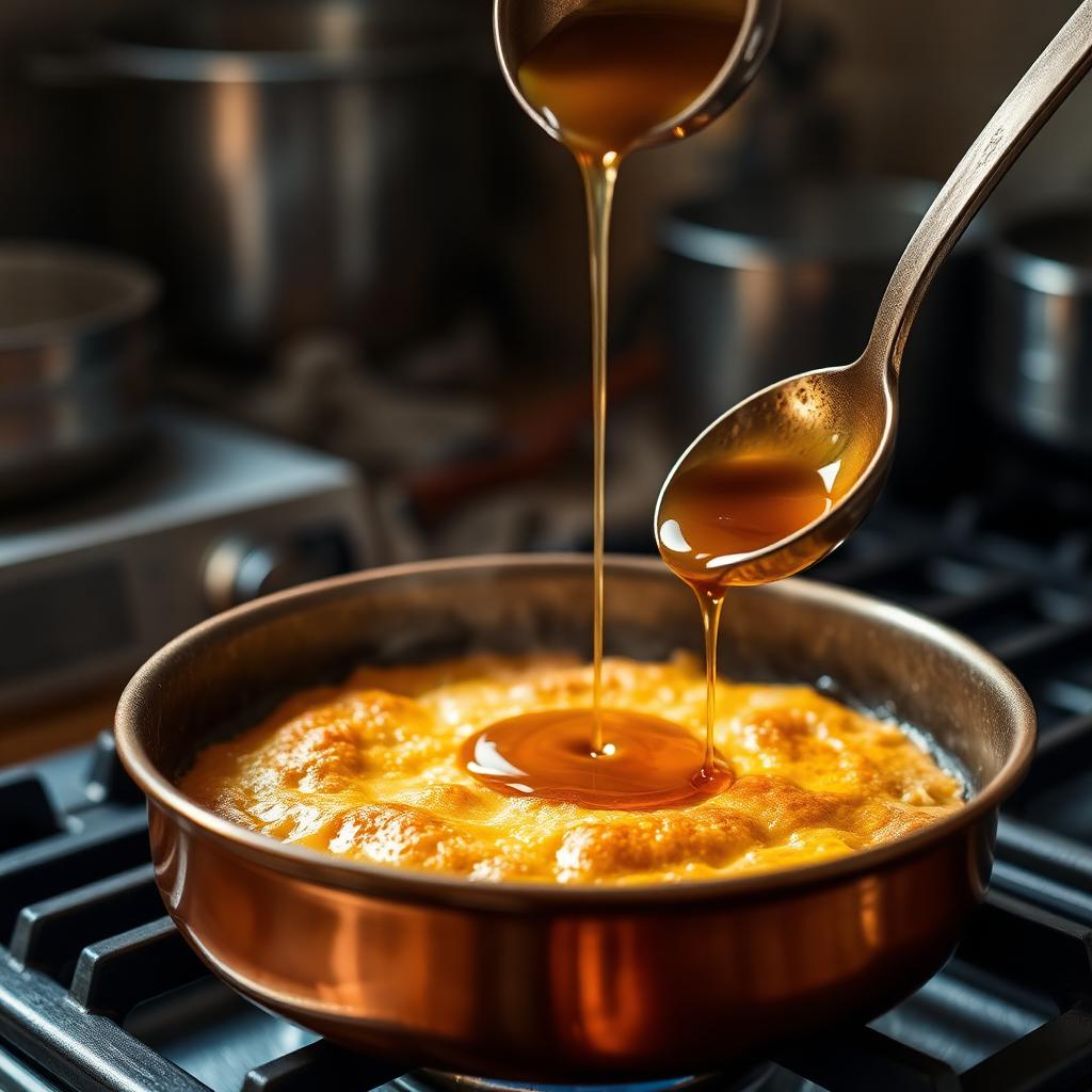 Golden knafeh cooking in a round copper pan on a stovetop with fragrant syrup being drizzled from a ladle as steam rises